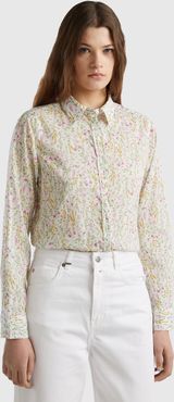 Benetton, Camicia Fantasia 100% Cotone, Bianco, Donna