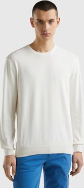 Benetton, Maglia Girocollo 100% Cotone, Bianco Panna, Uomo