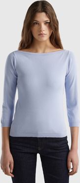 Benetton, Maglia 100% Cotone Con Scollo A Barchetta, Celeste, Donna