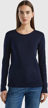 Benetton, T-shirt A Manica Lunga In Puro Cotone, Blu Scuro, Donna