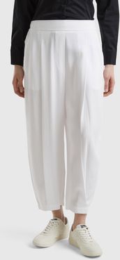 Benetton, Pantaloni Cropped Con Pieghe, Bianco, Donna