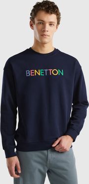 Benetton, Felpa Girocollo Con Stampa Logo, Blu Scuro, Uomo