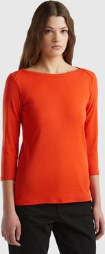 Benetton, T-shirt Con Scollo A Barchetta 100% Cotone, Rosso, Donna