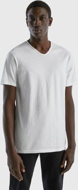 Benetton, T-shirt 100% Cotone Con Scollo A V, Bianco, Uomo