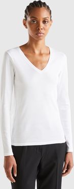 Benetton, T-shirt A Manica Lunga Con Scollo A V, Bianco, Donna