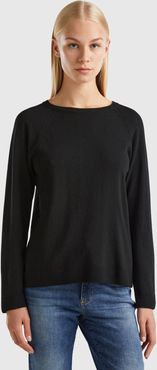 Benetton, Maglia Girocollo Nera In Misto Lana E Cashmere, Nero, Donna