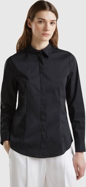 Benetton, Camicia In Misto Cotone Stretch, Nero, Donna