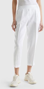 Benetton, Pantaloni Cropped In 100% Lino, Bianco, Donna