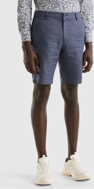 Benetton, Shorts Rigati In Misto Lino, Blu Scuro, Uomo