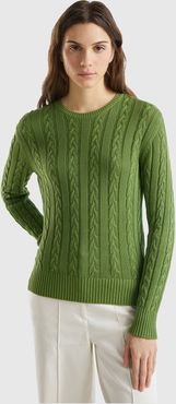 Benetton, Maglia A Trecce 100% Cotone, Verde Militare, Donna