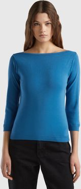 Benetton, Maglia 100% Cotone Con Scollo A Barchetta, Blu, Donna