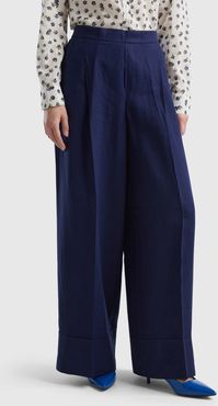 Benetton, Pantaloni Palazzo In 100% Lino, Blu Scuro, Donna