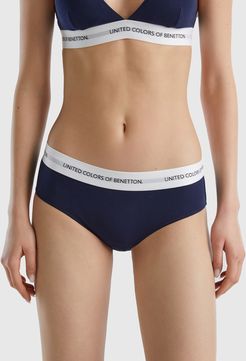 Benetton, Slip Fianco Alto In Cotone Bio, Blu Scuro, Donna