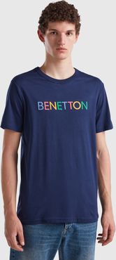 Benetton, T-shirt Blu Scuro In Cotone Bio Con Logo Multicolor, Blu Scuro, Uomo