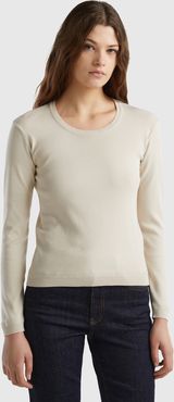 Benetton, Maglia Girocollo In Puro Cotone, Beige, Donna