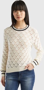 Benetton, Maglia Traforata In Puro Cotone, Bianco Panna, Donna