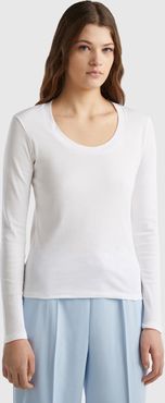 Benetton, T-shirt Manica Lunga In Puro Cotone, Bianco, Donna