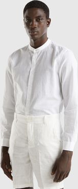 Benetton, Camicia Coreana In Misto Lino, Bianco, Uomo