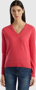 Benetton, Maglia Con Scollo A V Fucsia In Pura Lana Merino, Fucsia, Donna