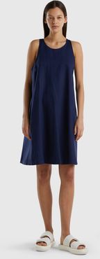 Benetton, Vestito Smanicato In Puro Lino, Blu Scuro, Donna