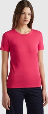 Benetton, T-shirt In Cotone A Fibra Lunga, Fucsia, Donna