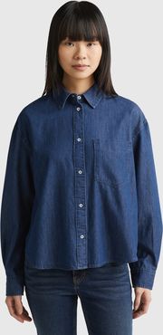 Benetton, Camicia Cropped In Chambray, Blu Scuro, Donna