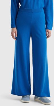 Benetton, Pantaloni Ampi Blu In Misto Lana E Cashmere, Blu, Donna