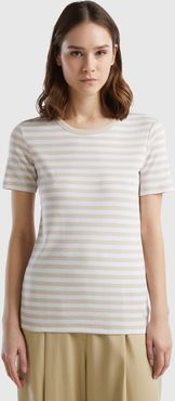 Benetton, T-shirt Girocollo A Righe, Beige, Donna