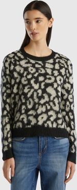 Benetton, Maglione Animalier In Misto Mohair, Multicolore, Donna