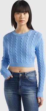 Benetton, Maglia Cropped A Trecce, Azzurro, Donna