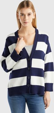 Benetton, Cardigan A Righe In Cotone Tricot, Blu Scuro, Donna