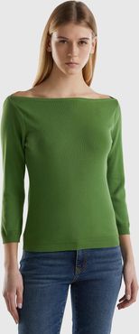 Benetton, Maglia 100% Cotone Con Scollo A Barchetta, Verde Militare, Donna