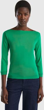 Benetton Online exclusive, Maglia 100% Cotone Con Scollo A Barchetta, Verde, Donna