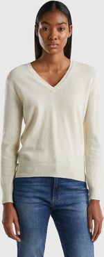 Benetton, Maglia Con Scollo A V Panna In Pura Lana Merino, Bianco Panna, Donna