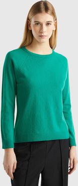 Benetton, Maglia Girocollo Verde Acqua In Misto Lana E Cashmere, Verde Acqua, Donna