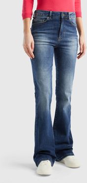 Benetton, Jeans Elasticizzati A Zampa, Blu Scuro, Donna