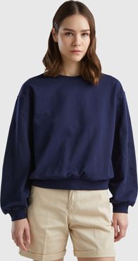 Benetton, Felpa Con Ricamo Fiori, Blu Scuro, Donna