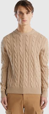 Benetton, Maglia A Trecce In Misto Cashmere, Beige, Uomo