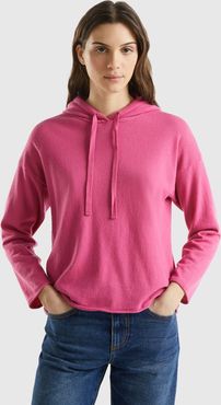 Benetton, Maglia Rosa Misto Cashmere Con Cappuccio, Rosa, Donna