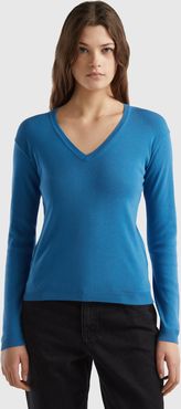 Benetton, Maglia In Puro Cotone Con Scollo A V, Blu, Donna