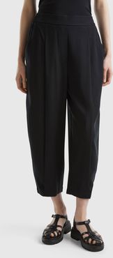 Benetton, Pantaloni Cropped Con Pieghe, Nero, Donna