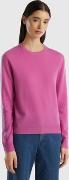 Benetton, Maglia Girocollo Rosa Scuro In Lana Merino, Rosa, Donna