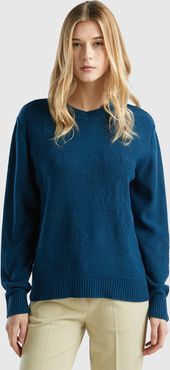 Benetton, Maglia Con Disegni Floreali In Misto Cashmere, Verde Ottanio, Donna