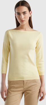 Benetton, Maglia 100% Cotone Con Scollo A Barchetta, Giallo, Donna