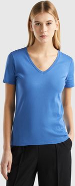 Benetton, T-shirt In Puro Cotone Con Scollo A V, Blu, Donna