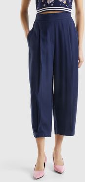 Benetton, Pantaloni Cropped Con Pieghe, Blu Scuro, Donna