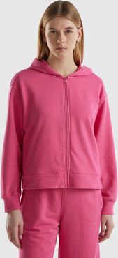 Benetton, Felpa Con Cappuccio E Zip, Fucsia, Donna