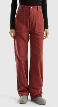 Benetton, Pantaloni Straight In Tela Di Cotone, Bordeaux, Donna