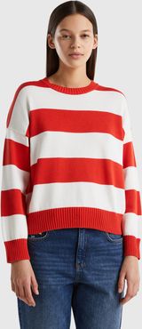 Benetton, Maglia A Righe In Cotone Tricot, Rosso, Donna