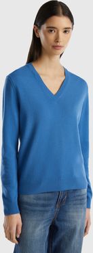 Benetton, Maglia Con Scollo A V Blu In Pura Lana Merino, Blu, Donna